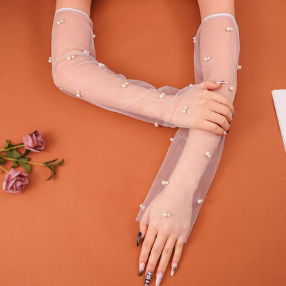 CASDRE Long Wedding Tulle Gloves White Pearl Bridal Arm Sleeves Elbow Length Fingerless Halloween Gloves for Women and Girls