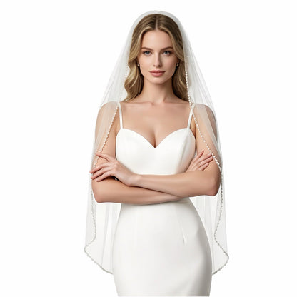 1 Tier Wedding Veil Fingertip Length with Pearls Beaded Edge