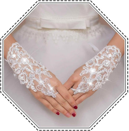 Bride Wedding Short Lace Gloves White Fingerless Rhinestone Gloves Bridal Gloves Accessories for Women