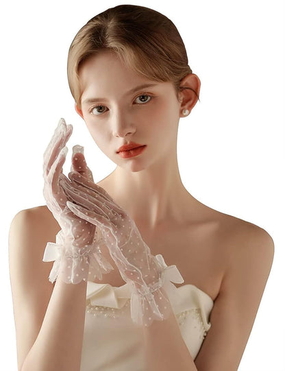 Women's Short Pearls Lace Mesh Gloves Tulle Bridal Tea Party Gloves