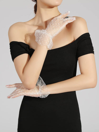 OYOANGLE Women's Lace Gloves Pearls Bridal Sheer Mesh Tea Party Short Glove