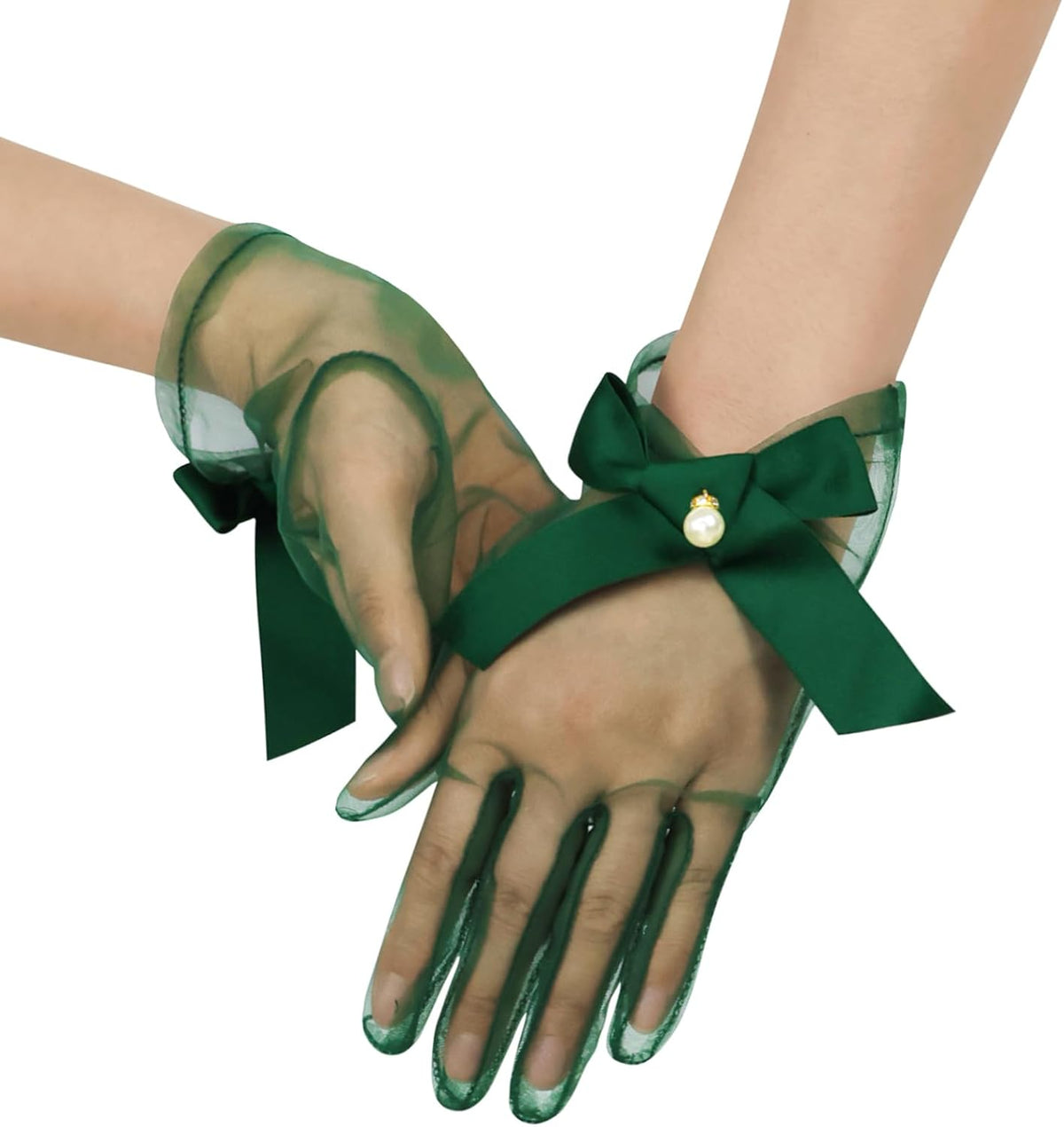 Women Short Pearl Tulle Gloves with Bow Wedding Mesh Tea Party Gloves