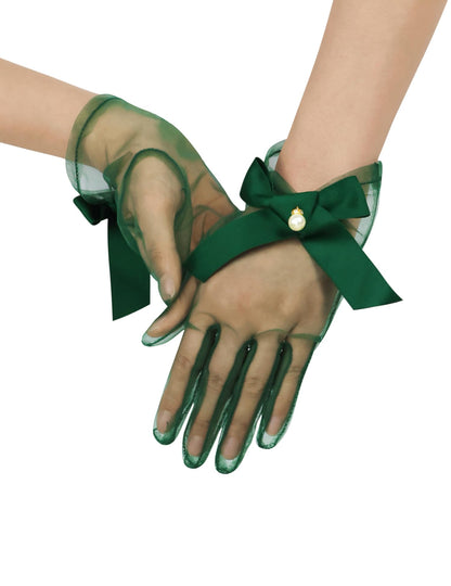 Women Short Pearl Tulle Gloves with Bow Wedding Mesh Tea Party Gloves