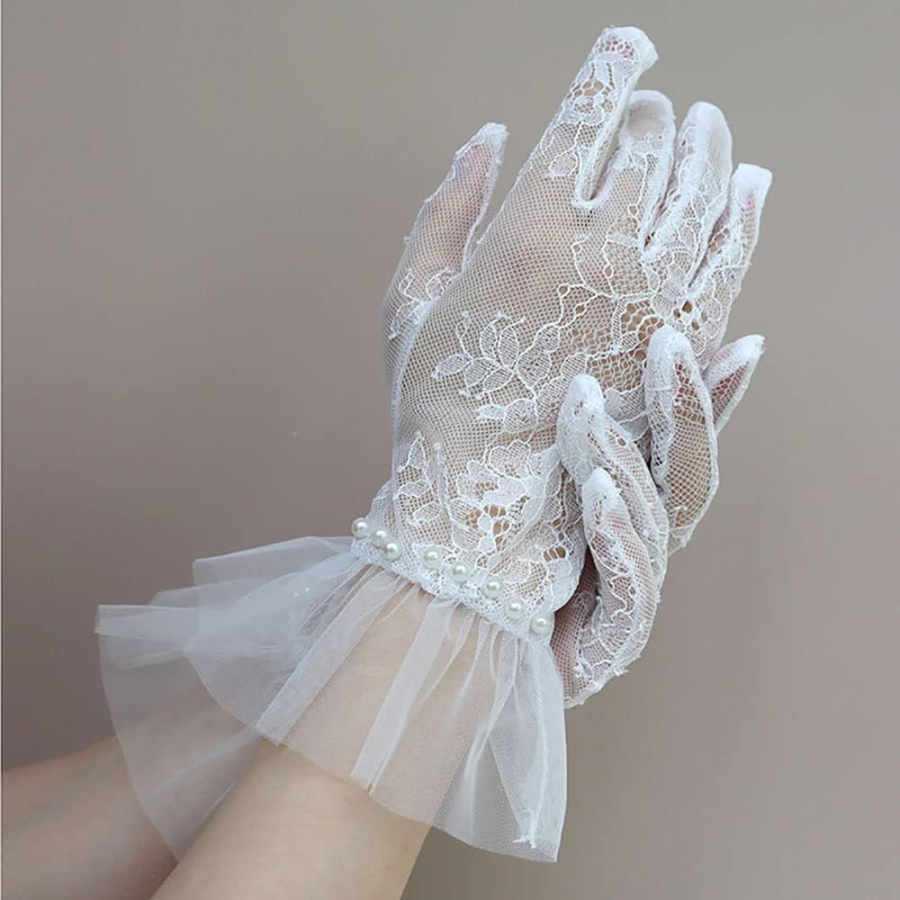 Women's Short Pearls Lace Mesh Gloves Tulle Bridal Tea Party Gloves