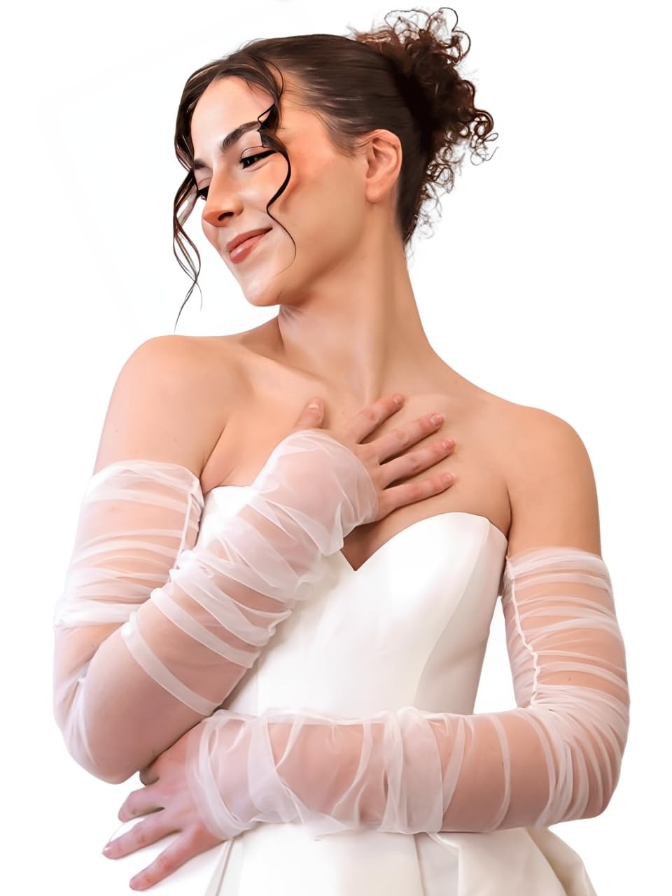 Long Tulle Gloves Ruched Fingerless Gloves Wedding Arm Sleeves for Women