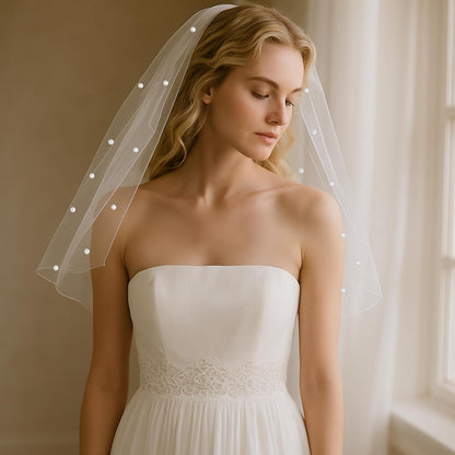 Pearl Bride Veil with Comb, Short Tulle Veil for Wedding