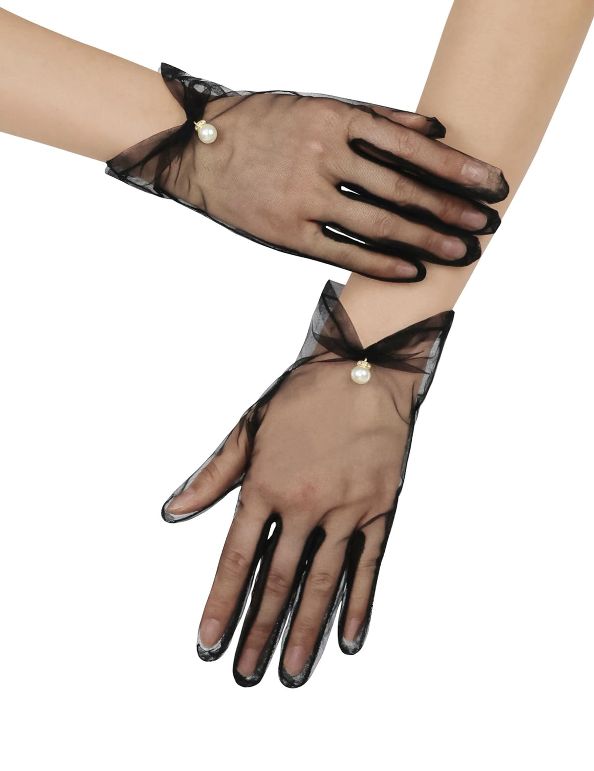 Women's Short Pearl Tulle Gloves Formal Bridal Wedding Wrist Gloves