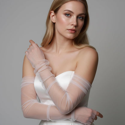 Long Tulle Pearl Wedding Gloves Elbow Length Summer Fingerless Glove