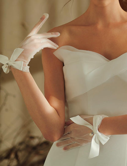 Women Short Pearl Tulle Gloves with Bow Wedding Mesh Tea Party Gloves