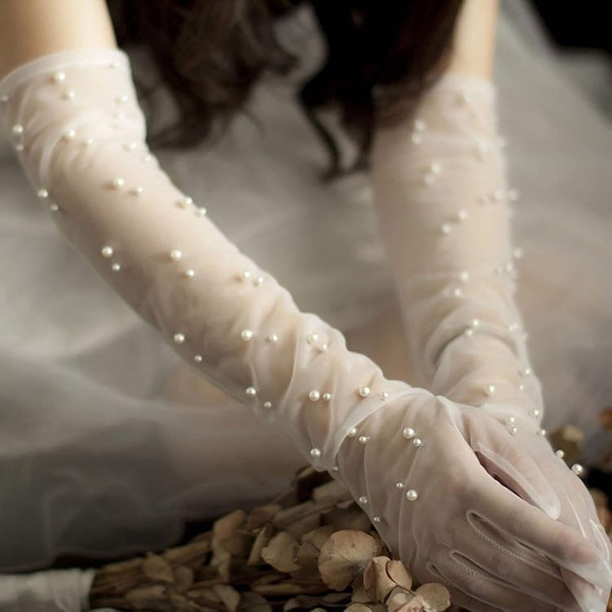 Acenail Pearl Women’s Wedding Gloves Long Tulle White Finger Lace 20s Opera Evening Party Sheer Gloves for Brides