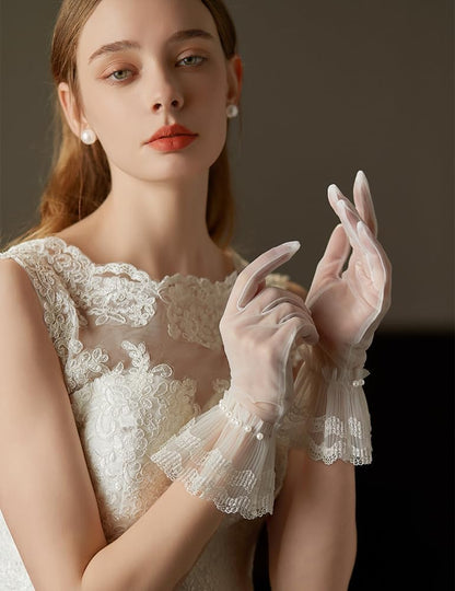 Women's Short Pearls Lace Mesh Gloves Tulle Bridal Tea Party Gloves