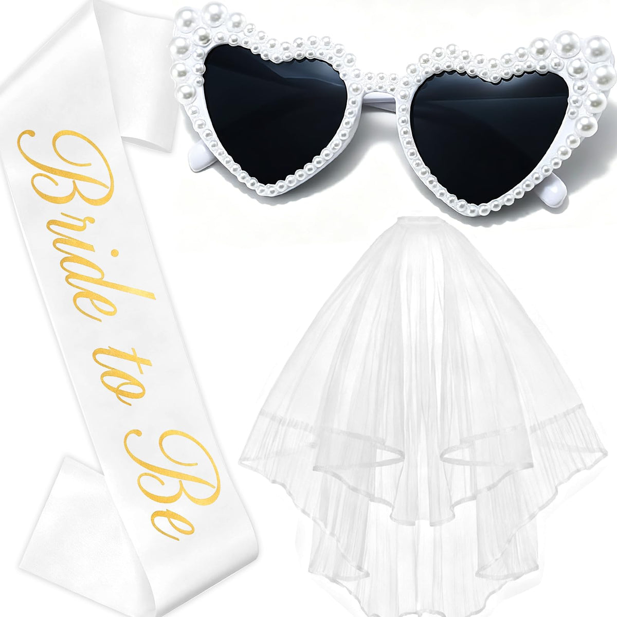 Bachelorette Party Accessories for Bride to Be - Veil Sash Heart Sunglasses