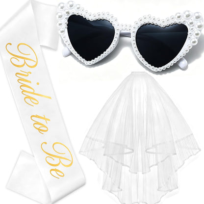 Bachelorette Party Accessories for Bride to Be - Veil Sash Heart Sunglasses