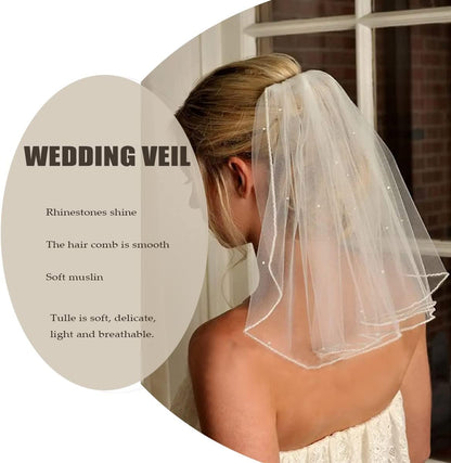 Bridal Wedding Pearl Veil 1 Tier Short Vails with Rhinestone for Bride