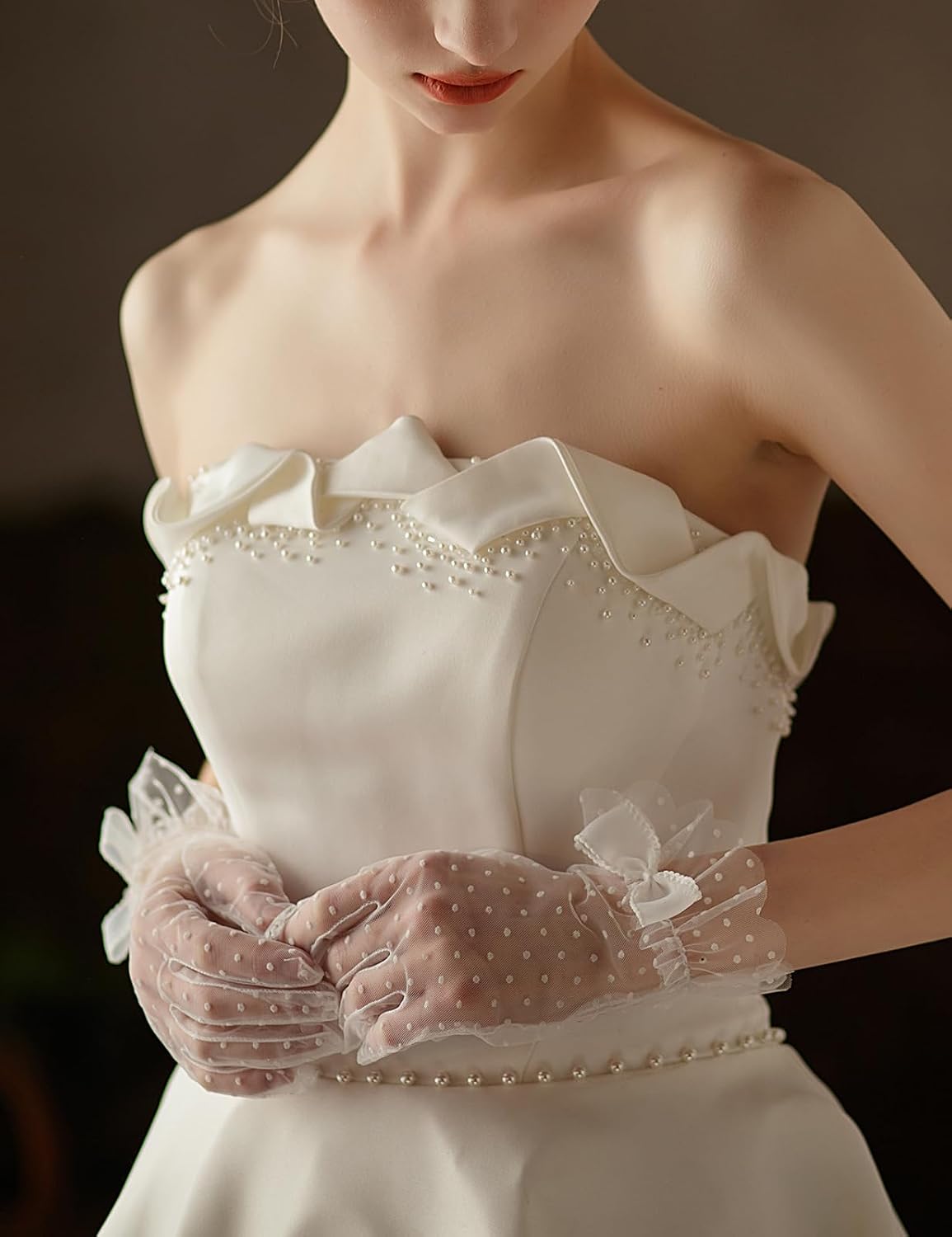 Short Polka Dot Lace Gloves Bow Mesh Tea Party Gloves for Women