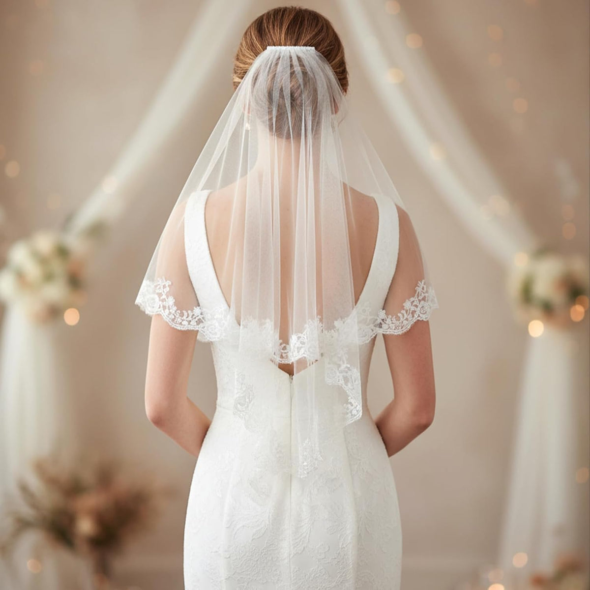 White Lace Veil, Lace Appliques Bridal Veils, Bridal Wedding Veil, Women's Satin Edge Tulle for Wedding, Bachelorette Party, Brides Shower (78cm/30.7 Inches)