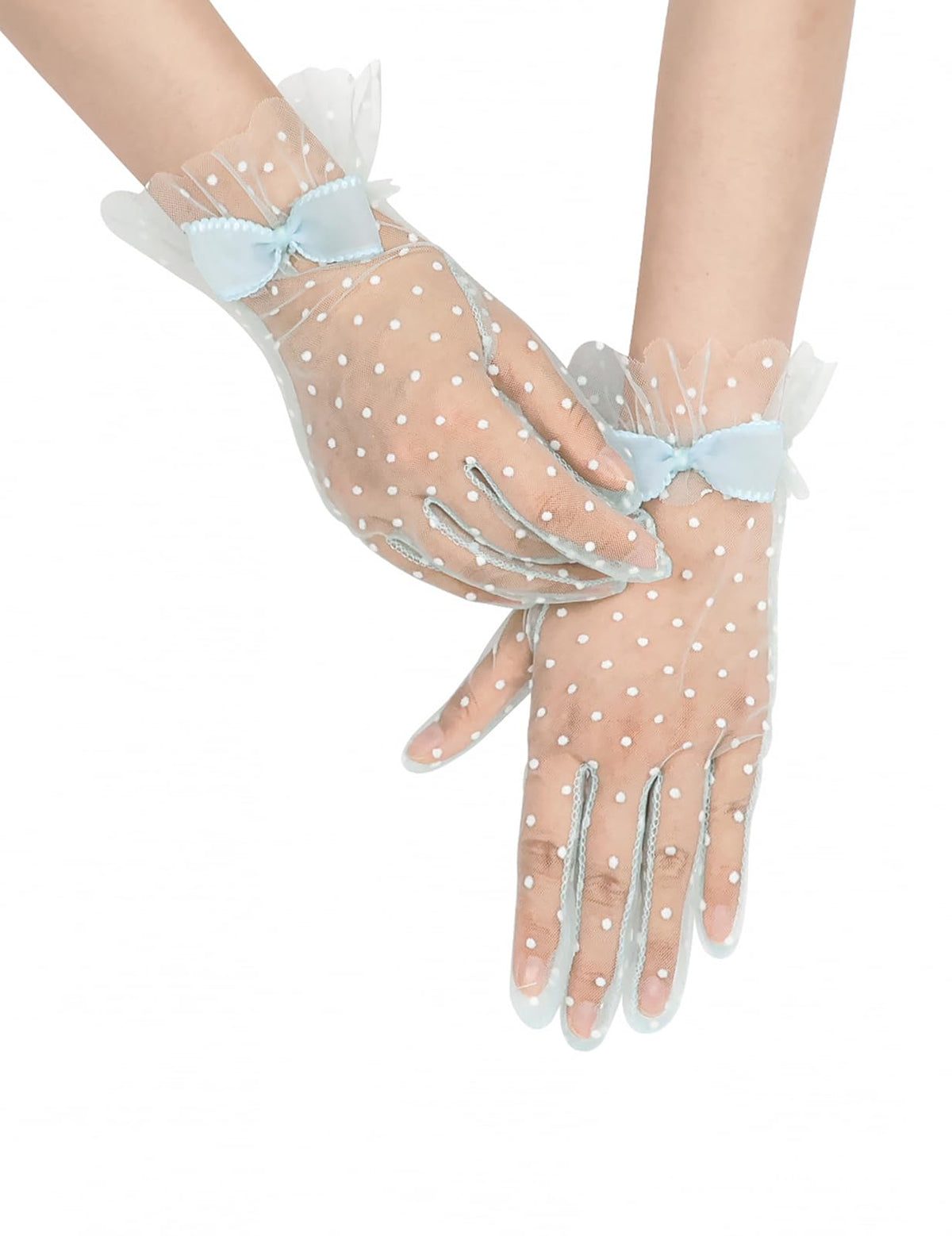 Short Polka Dot Lace Gloves Bow Mesh Tea Party Gloves for Women