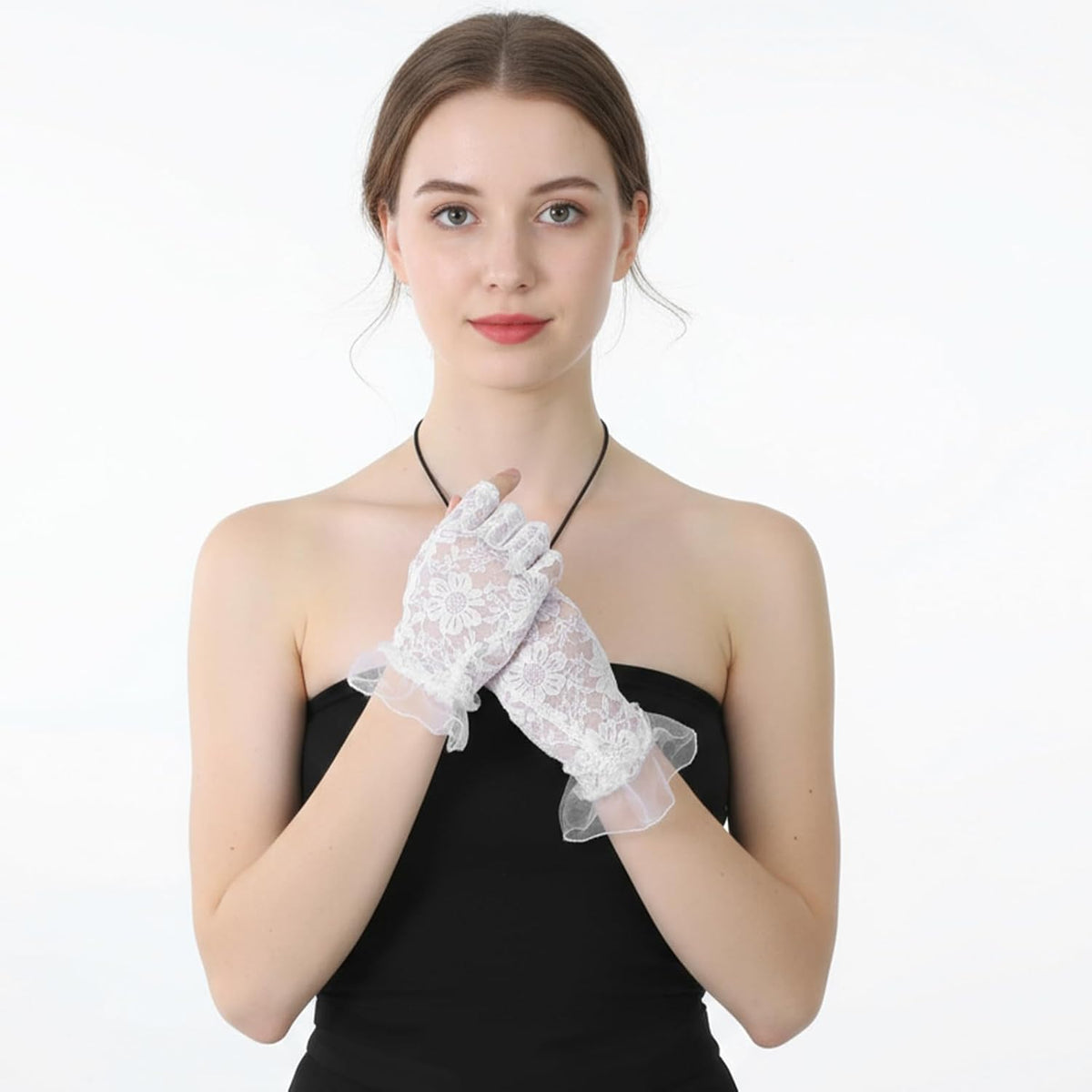 Xinjoduz 1 Pair White Lace Gloves, Womens Short Floral Fingerless Gloves for Women