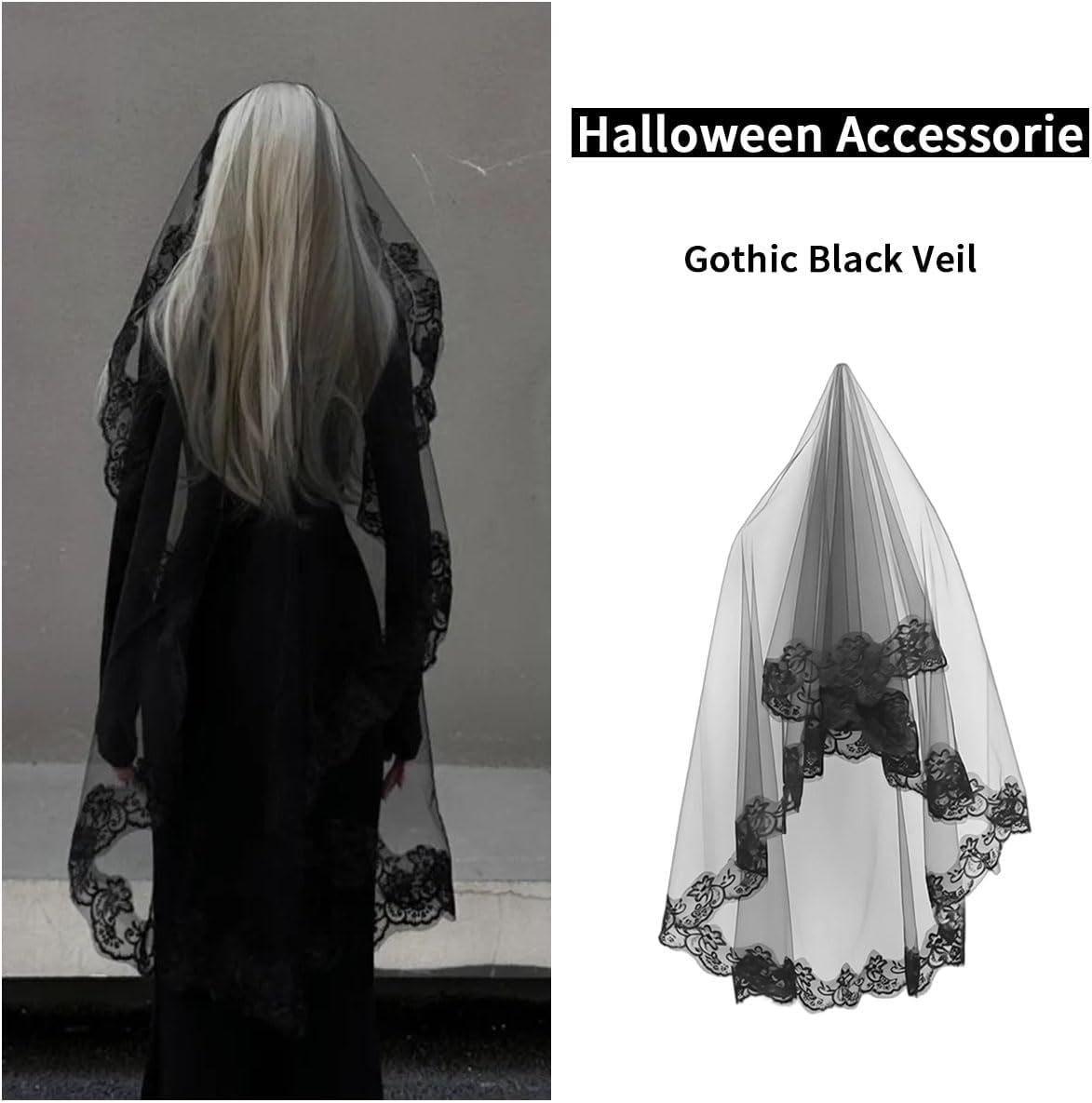Black Lace Veil, Vintage Gothic Bridal Veil for Halloween, Wedding, Party, Cosplay Costume