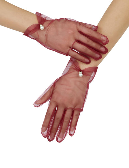 Women's Short Pearl Tulle Gloves Formal Bridal Wedding Wrist Gloves