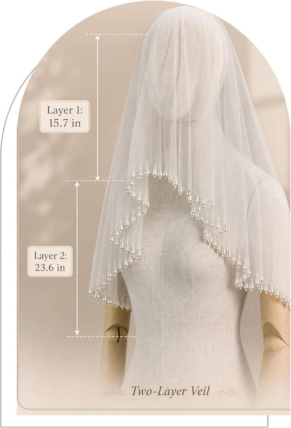 2 Tier Teardrop Pearl Wedding Veil with Comb
