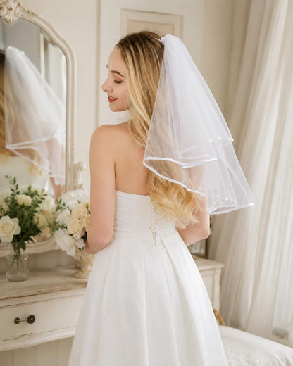 White Bridal Veil Short 2 Tier Veil with white binding