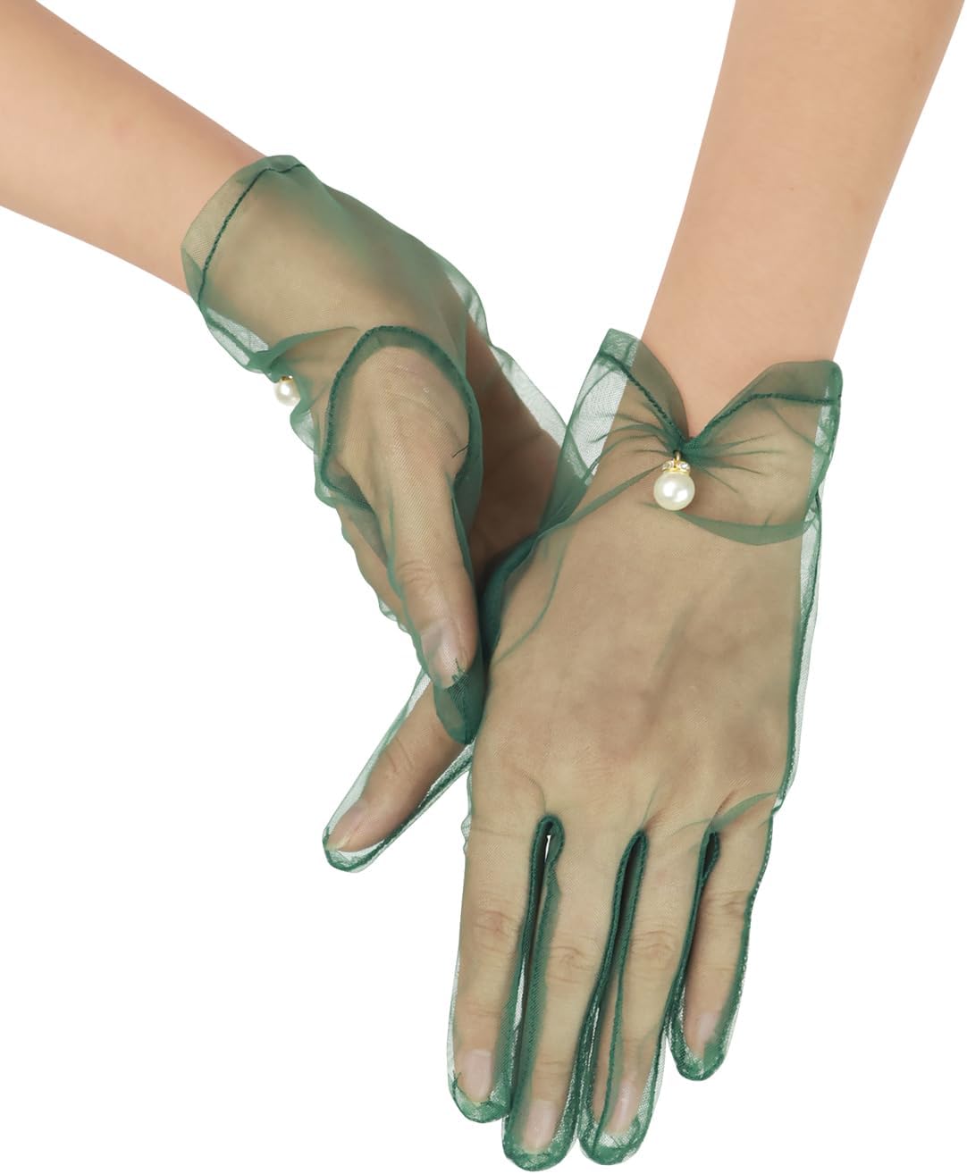 Women's Short Pearl Tulle Gloves Formal Bridal Wedding Wrist Gloves
