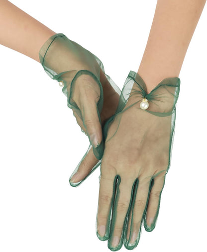 Women's Short Pearl Tulle Gloves Formal Bridal Wedding Wrist Gloves