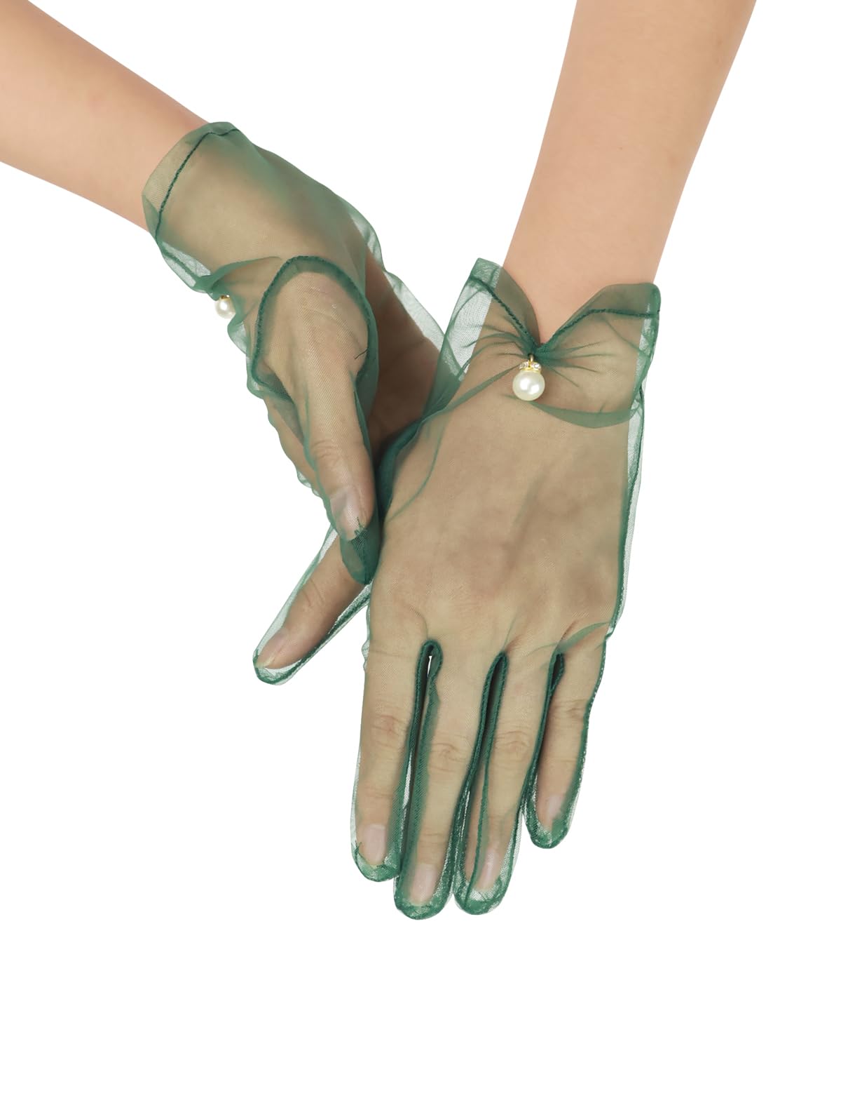 Women's Short Pearl Tulle Gloves Formal Bridal Wedding Wrist Gloves