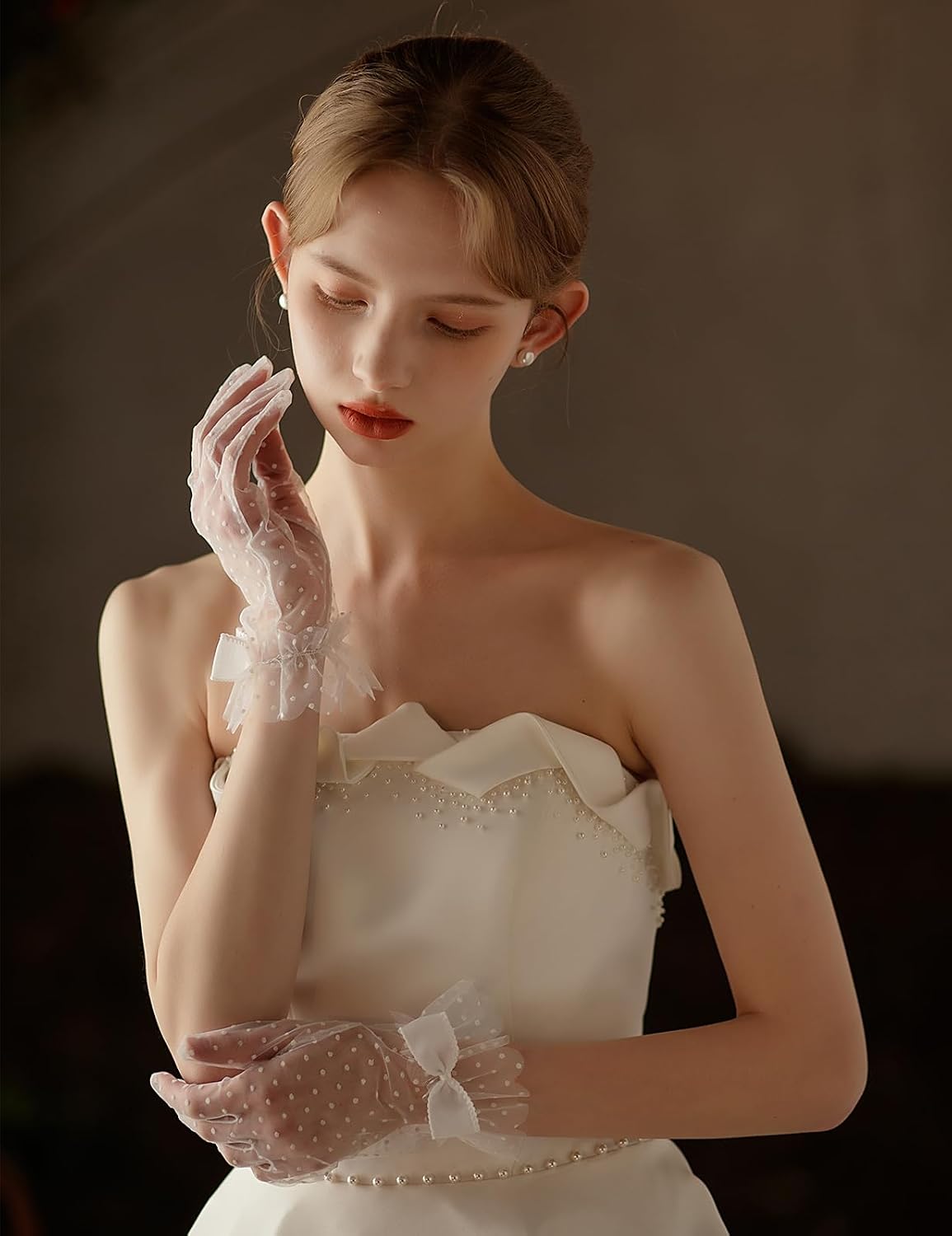 Short Polka Dot Lace Gloves Bow Mesh Tea Party Gloves for Women