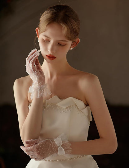 Short Polka Dot Lace Gloves Bow Mesh Tea Party Gloves for Women