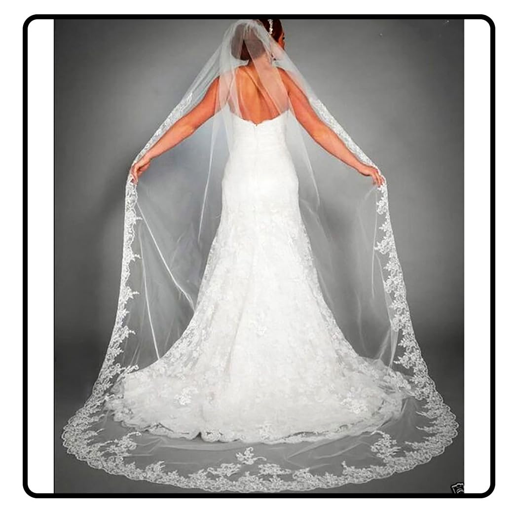 Ursumy Gorgeous Wedding Lace Veils Floral Long Cathedral Veils for Brides Soft Tulle Bridal Veil with Comb 118" (Ivory)