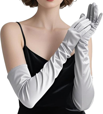 THARAHT Women Long Gloves with Satin Elbow Length for 1920s Opera Tea Party Costumes Bridal Evening Dress