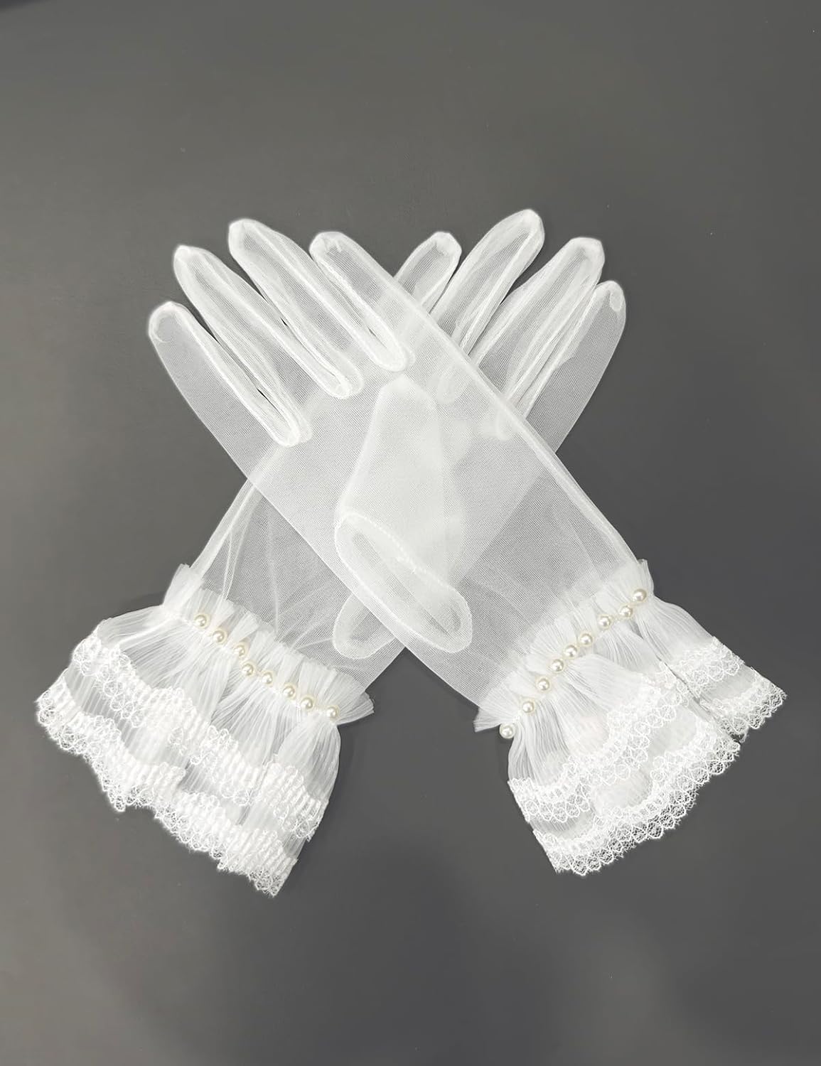 Women's Short Pearls Lace Mesh Gloves Tulle Bridal Tea Party Gloves