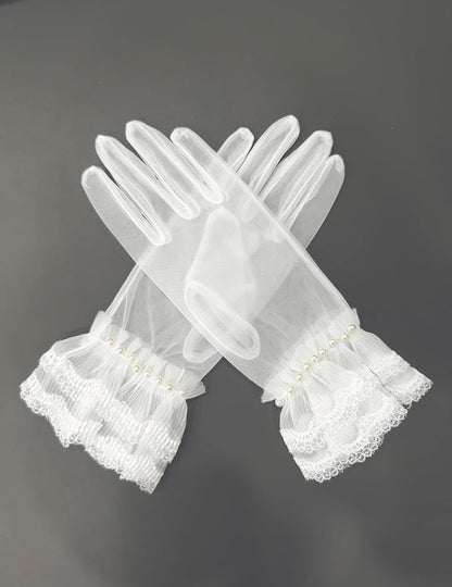 Women's Short Pearls Lace Mesh Gloves Tulle Bridal Tea Party Gloves