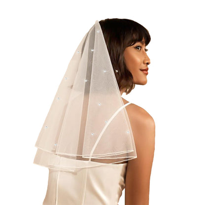 White Short Wedding Veil Pearl Rhinestone Bride Veils Bridal Veils Bachelorette Party Veil for Brides and Women