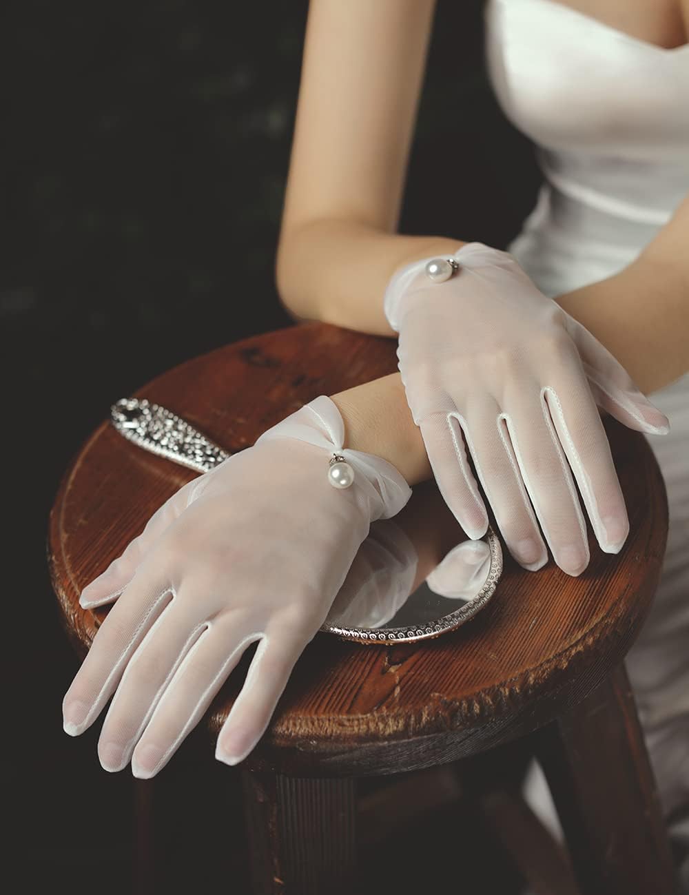 QRBTSCL Women's Short Satin Gloves for Wedding Tulle Tea Party Gloves