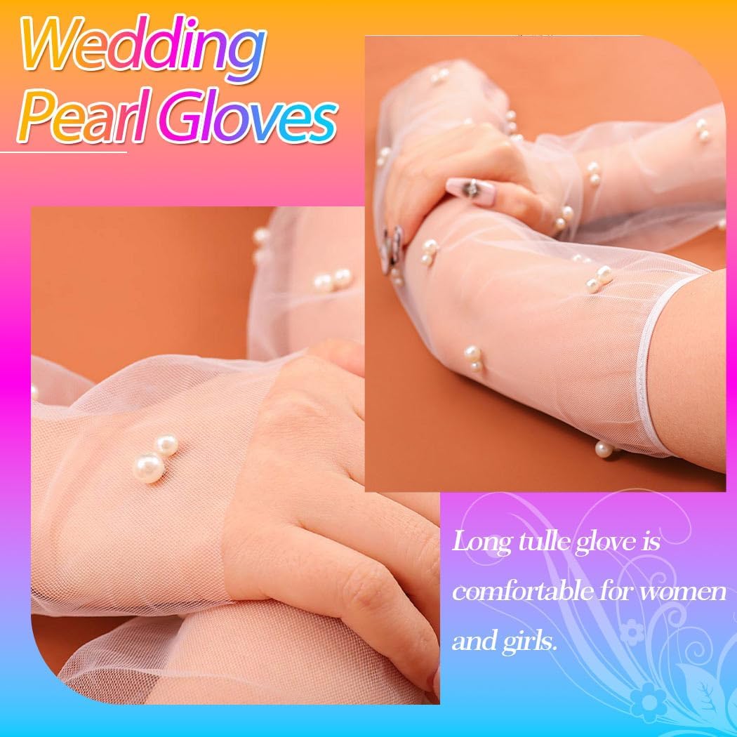 CASDRE Long Wedding Tulle Gloves White Pearl Bridal Arm Sleeves Elbow Length Fingerless Halloween Gloves for Women and Girls