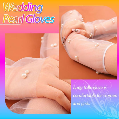 CASDRE Long Wedding Tulle Gloves White Pearl Bridal Arm Sleeves Elbow Length Fingerless Halloween Gloves for Women and Girls