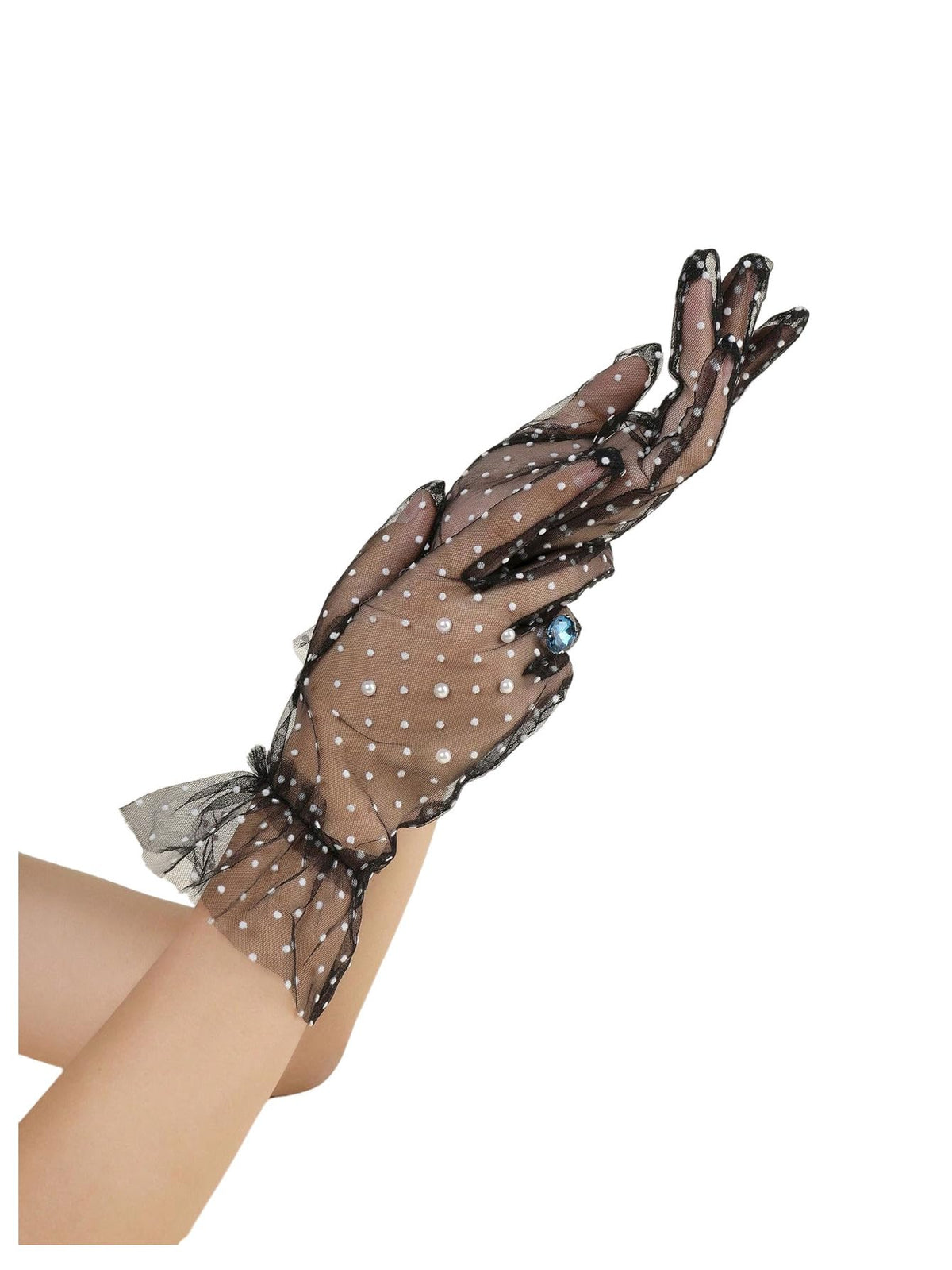 OYOANGLE Women's Lace Gloves Pearls Bridal Sheer Mesh Tea Party Short Glove