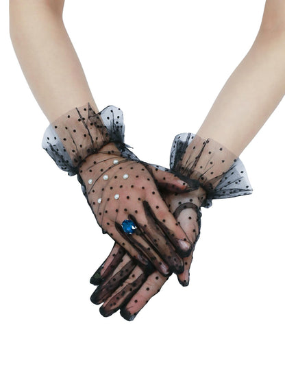 OYOANGLE Women's Lace Gloves Pearls Bridal Sheer Mesh Tea Party Short Glove