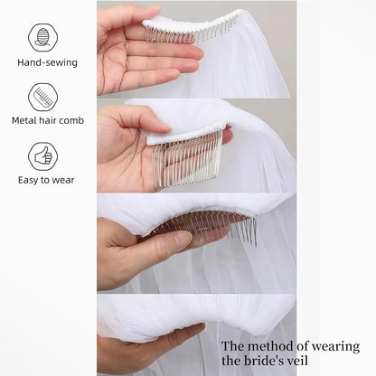 1 Tier Wedding Veil Fingertip Length with Pearls Beaded Edge