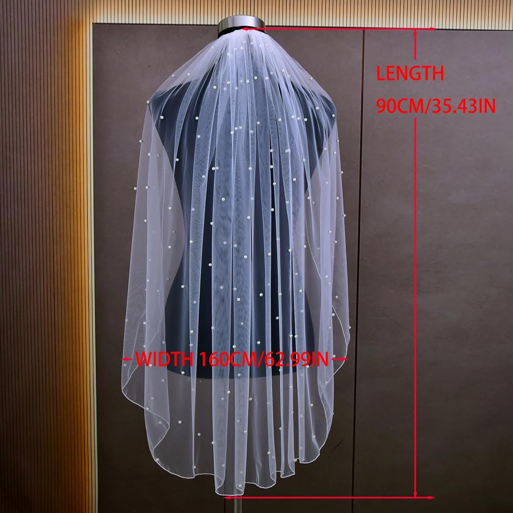 JEWSUN Pearls Bridal Veil Wedding Veil 1 Tier with Tulle-Wrapped Metal Comb Pencil Edge