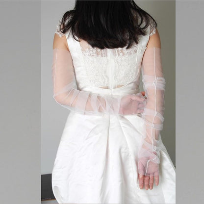 Long Tulle Pearl Wedding Gloves Elbow Length Summer Fingerless Glove