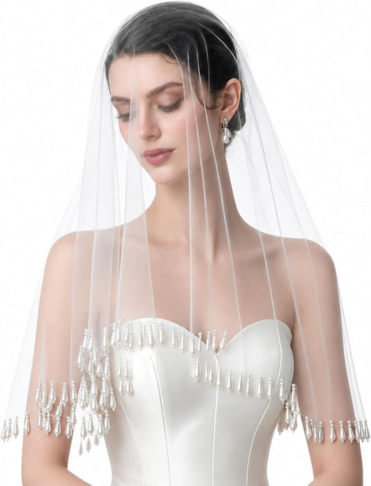 2 Tier Teardrop Pearl Wedding Veil with Comb