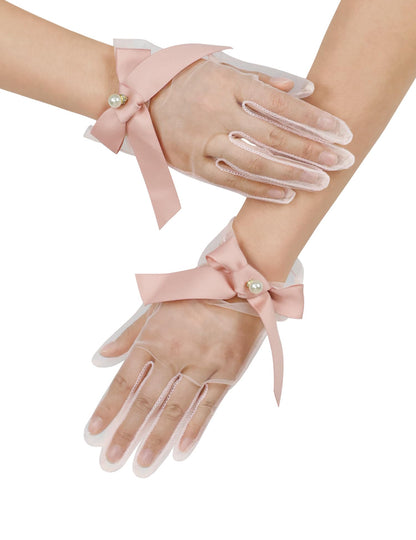 Women Short Pearl Tulle Gloves with Bow Wedding Mesh Tea Party Gloves