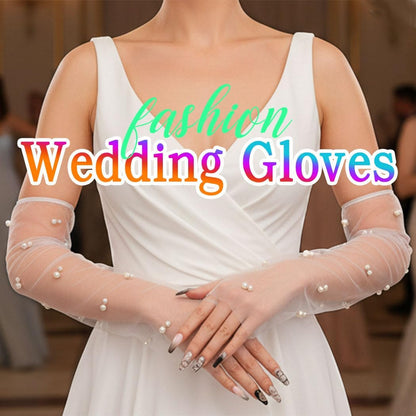 CASDRE Long Wedding Tulle Gloves White Pearl Bridal Arm Sleeves Elbow Length Fingerless Halloween Gloves for Women and Girls