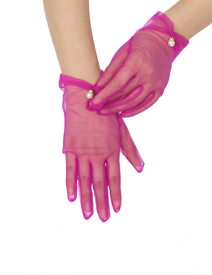 Women's Short Pearl Tulle Gloves Formal Bridal Wedding Wrist Gloves