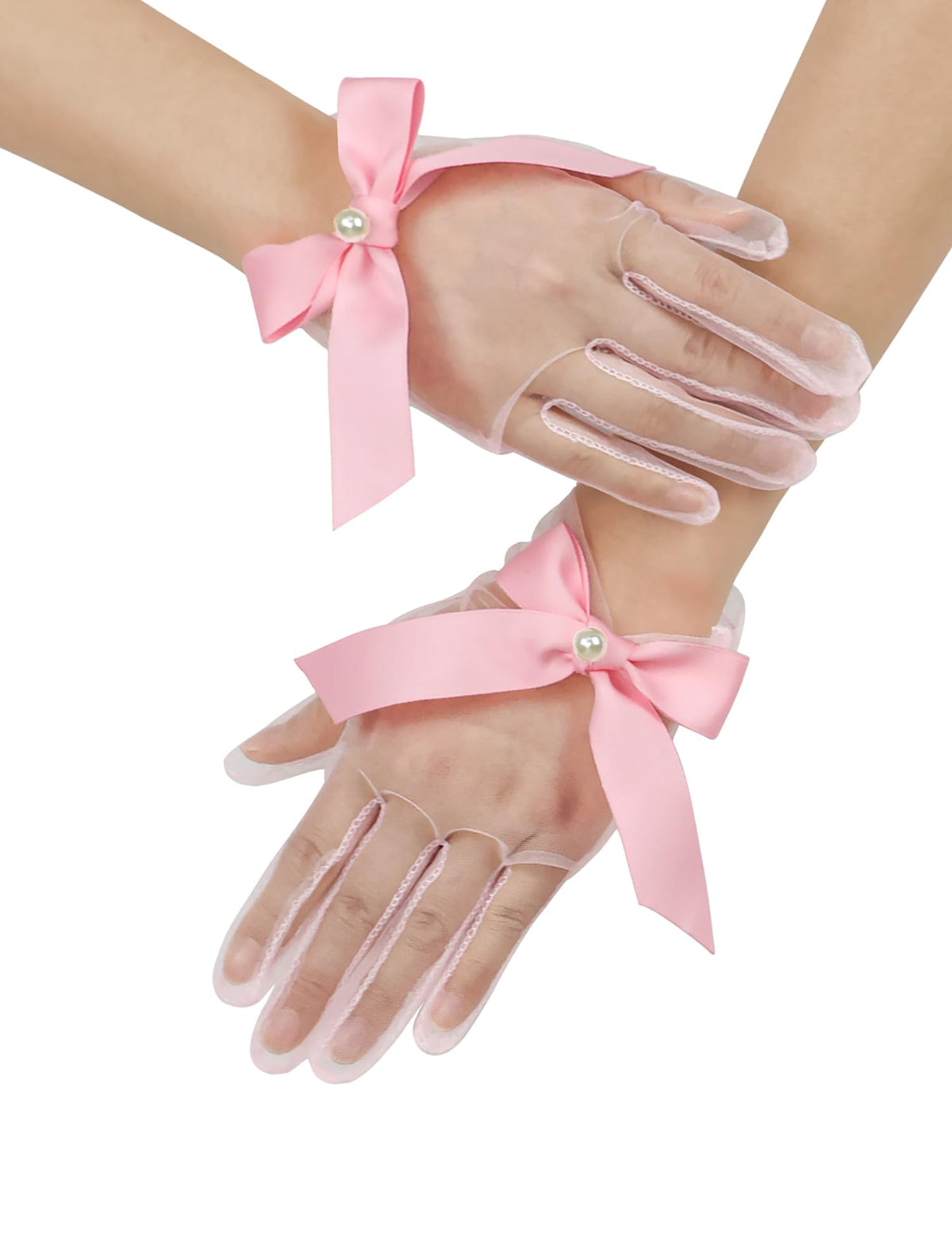 Women Short Pearl Tulle Gloves with Bow Wedding Mesh Tea Party Gloves