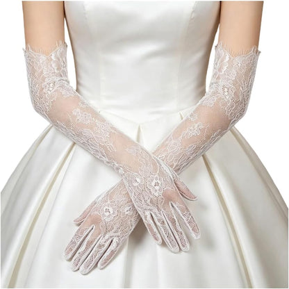 Mrotrida Women's Fingerless Lace Long Bridal Gloves Removable Hollow Out Sheer Arm Sleeves Tulle Solid Color Wedding Gloves